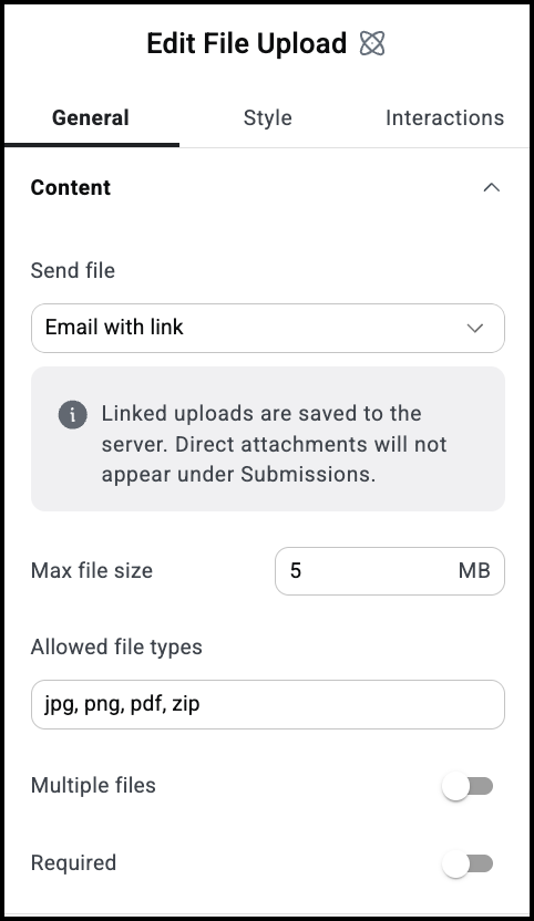 The File submit General Content menu.