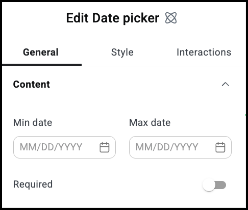 The Date Picker General Content menu