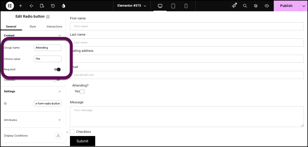The options for the Yes radio button.
