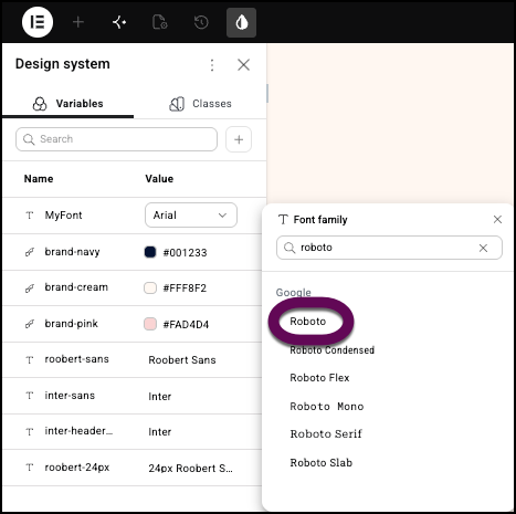 Select Roboto to edit the variable