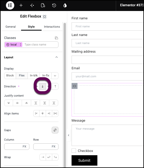 The icon to set the container to column so the next elements will line up on top of one another.