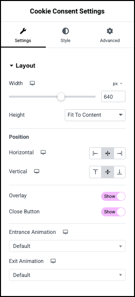 The Settings Layout menu