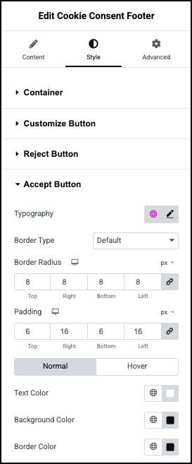 The Footer Style Accept menu