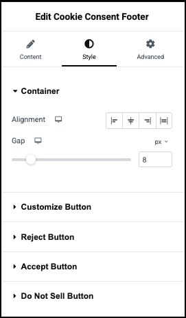 The footer Style container menu