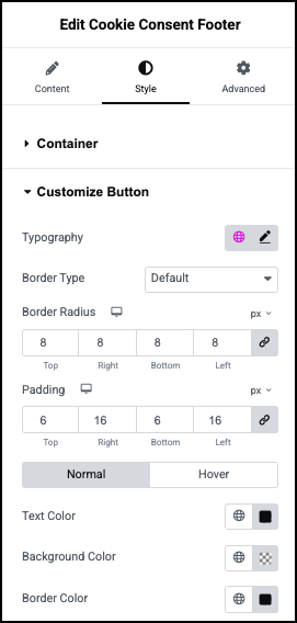 The Footer Style Customize button menu