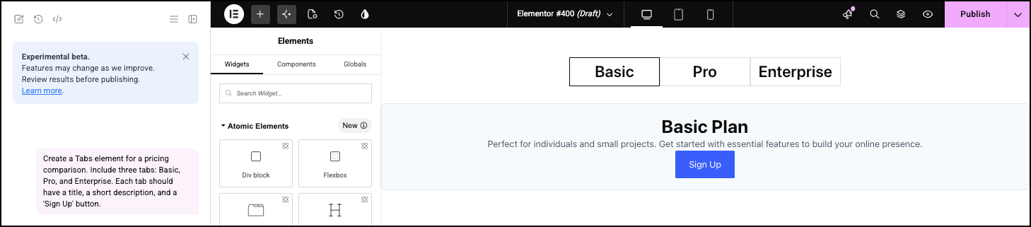 The Tabs element created by the prompt.