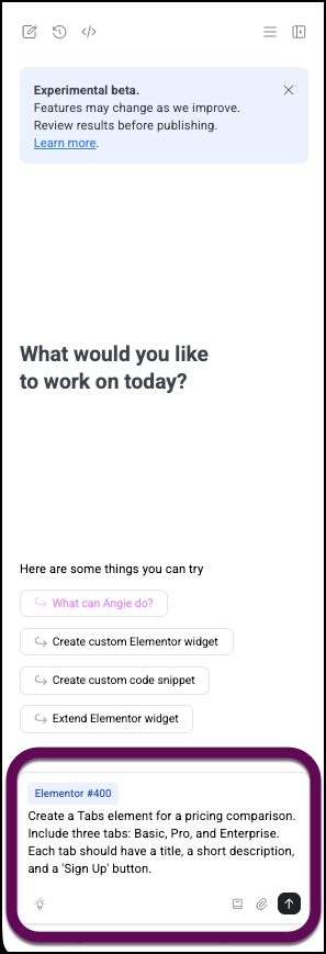 The prompt entered to create a tabs widget