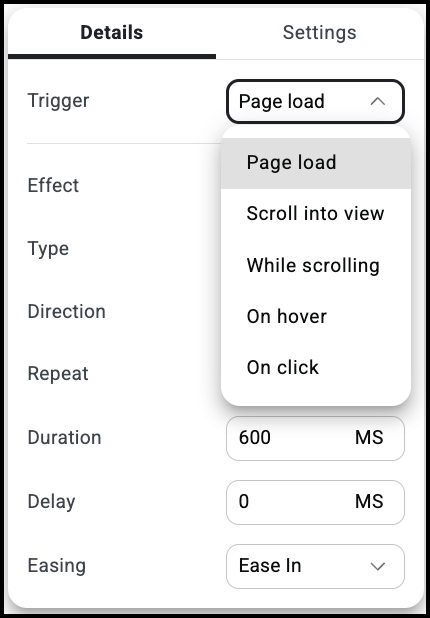 The Interaction trigger menu
