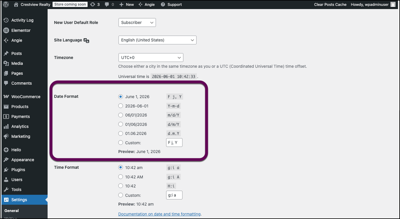 WordPress settings with Date format highighted.