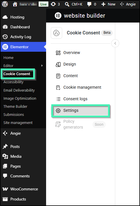 Go to Elementor, Cookie Consent, Settings.