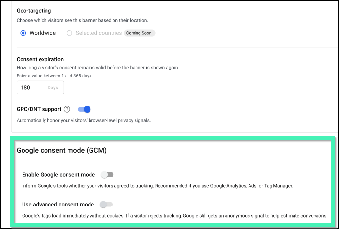 The Google Consent Manager section of Cookie consent Settings
