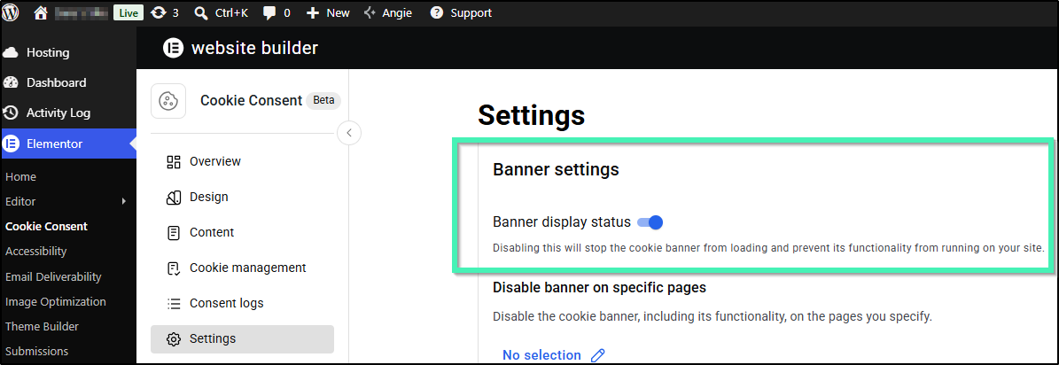 The Banner Settings toggle showing Cookie Consent is active