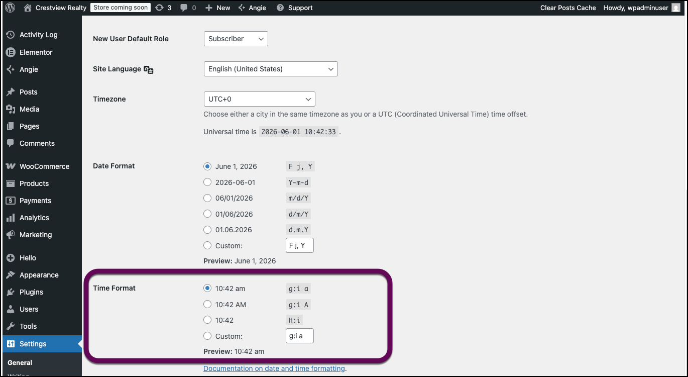 The WordPress settings with Time Format highlighted.