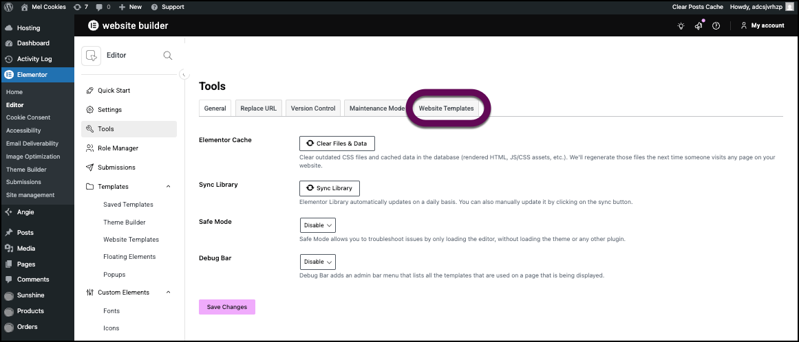 The Tools screen with the Website Templates tab highlighted.