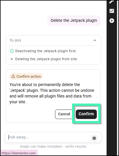 confirm delete plugin angie