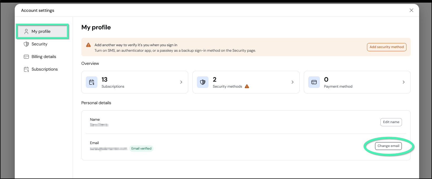 change email option under personal details
