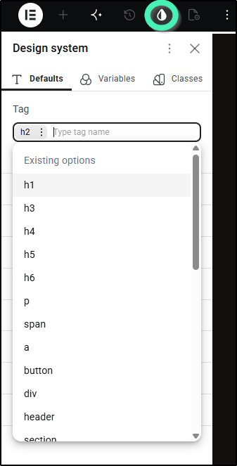 Elementor Design System panel displaying the Default tab with HTML tag styling options for H1 through H6, paragraph, div, and button tags