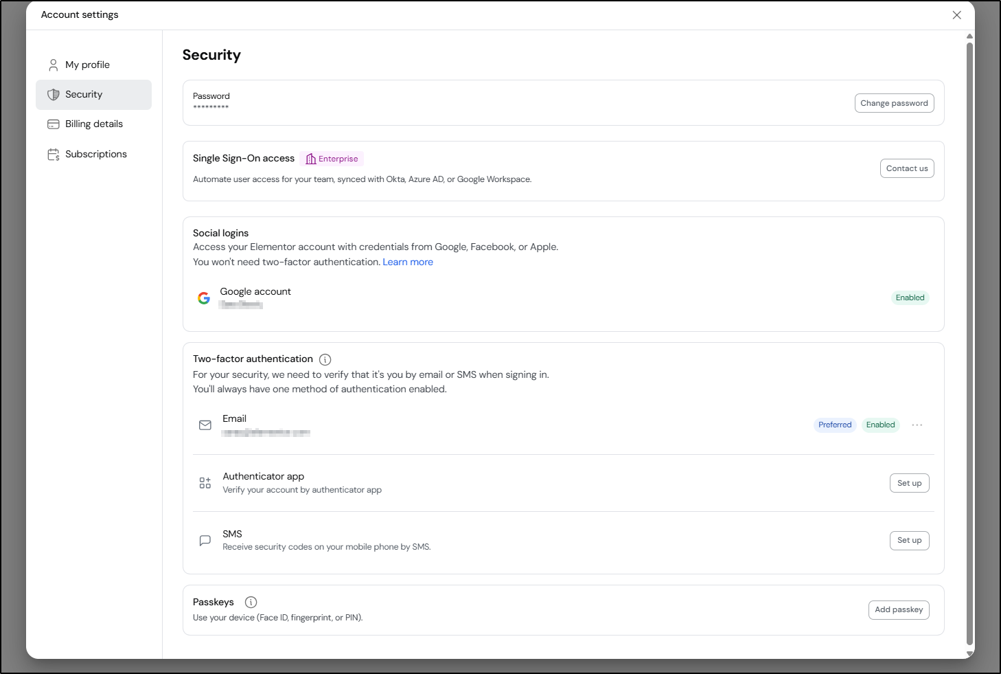 Security settings options 