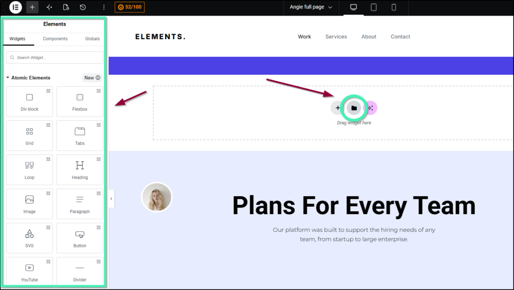 Elementor editor showing widgets and templates icon